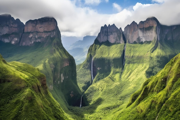 Cordilheira majestosa com picos elevados e cascatas criadas com IA generativa