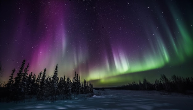 Cordilheira majestosa iluminada por uma aurora polar em forma de estrela vibrante gerada por IA