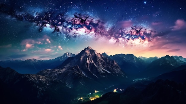 Cordilheira majestosa sob um céu noturno estrelado Uma vista cativante gerada por IA