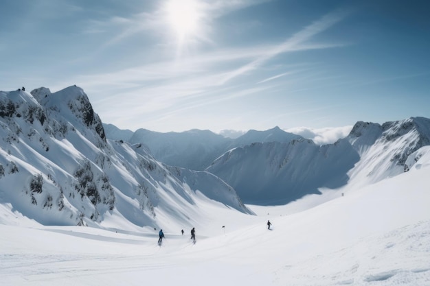 Cordilheira nevada com esquiadores e praticantes de snowboard aproveitando o pó criado com IA generativa