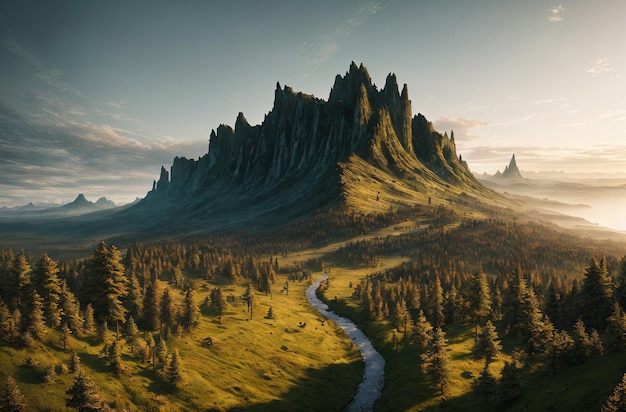 Cordillera con árboles y pasto y un cielo nublado IA generativa