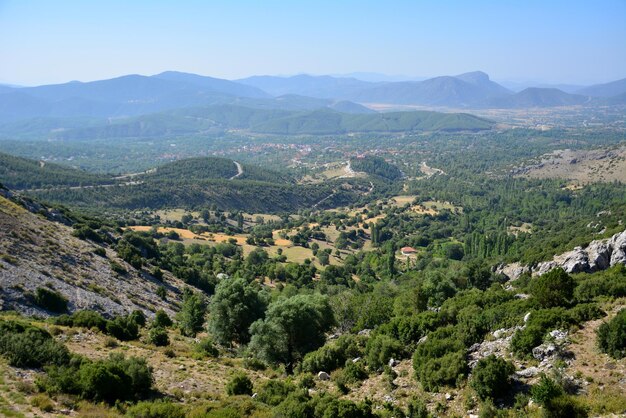 Cordillera con árboles y piedras sobre fondo de cielo azul, vista desde arriba, Turquía