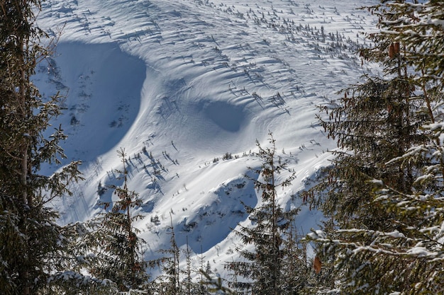 Cordillera y avalancha terreno peligroso en montañas nevadas