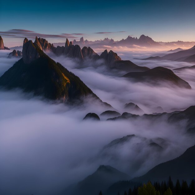 Foto una cordillera cubierta de niebla al atardecer