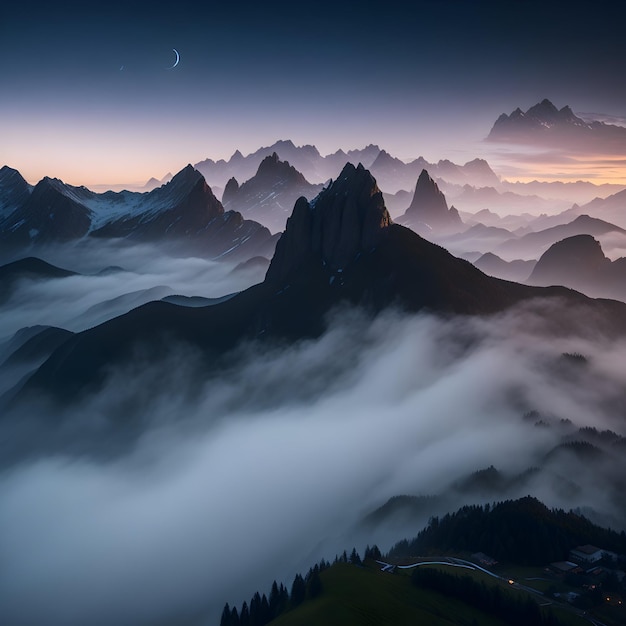 Foto una cordillera cubierta de niebla al atardecer