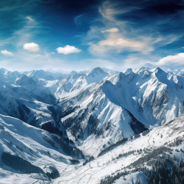 Cordillera cubierta de nieve con cielo azul