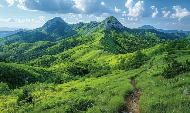 una cordillera con una montaña verde en el fondo