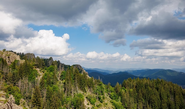 Cordillera de las montañas Ródope cubiertas de vegetación contra el telón de fondo del valle cubierto de bosques de abetos