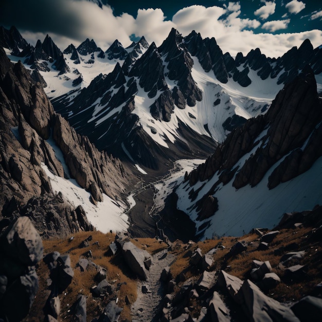 Una cordillera con nieve en las montañas y un cielo con nubes.