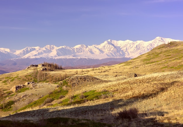 La cordillera NorthChui en las montañas de Altai Una ladera rocosa en la estepa de Kurai coronada de nieve