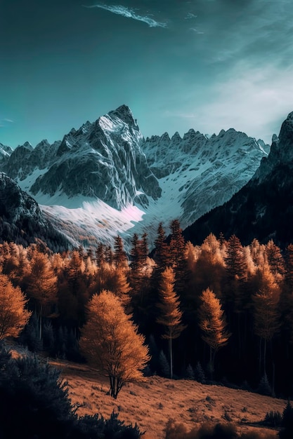 Cordillera en otoño con colores de otoño Alpes de invierno