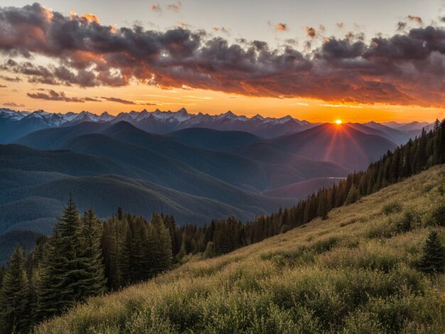 Foto una cordillera con una puesta de sol en el fondo