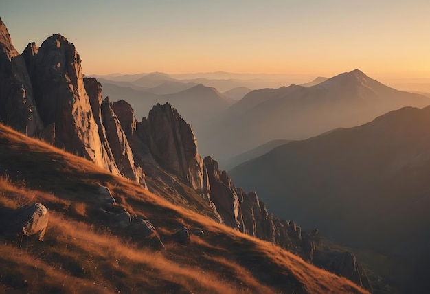 una cordillera con una puesta de sol en el fondo