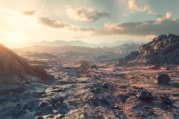 una cordillera con una puesta de sol en el fondo