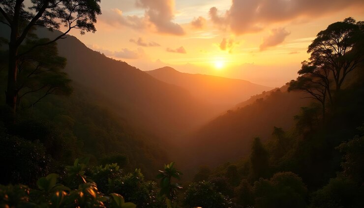 cordillera con una puesta de sol en el fondo