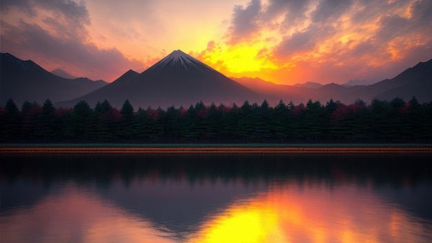 Una cordillera se refleja en un lago con un cielo colorido y el sol se está poniendo.