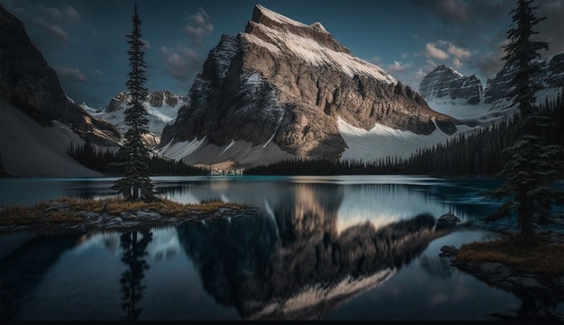 Una cordillera se refleja en un lago con una montaña al fondo