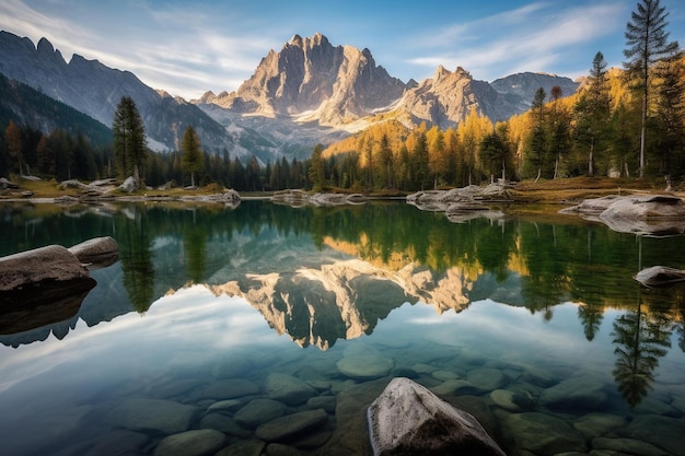 La cordillera se refleja perfectamente en un lago alpino vidrioso durante la madrugada