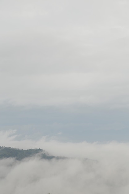 Cordillera con siluetas visibles a través de la niebla azul de la mañana