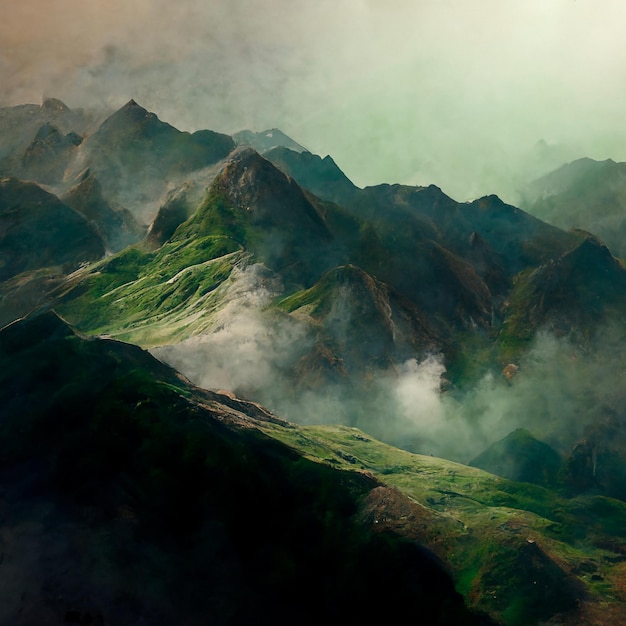 Cordillera verde Paisaje de montañas brumosas