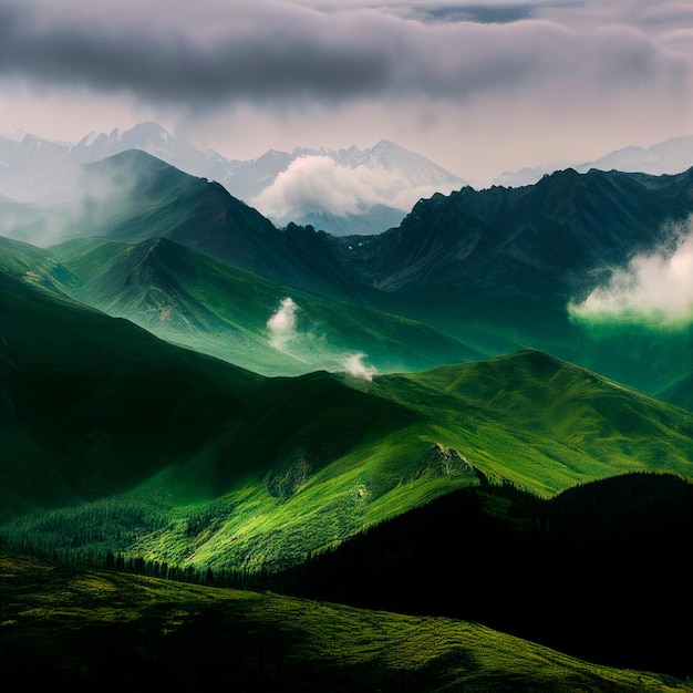 Cordillera verde Paisaje de montañas brumosas