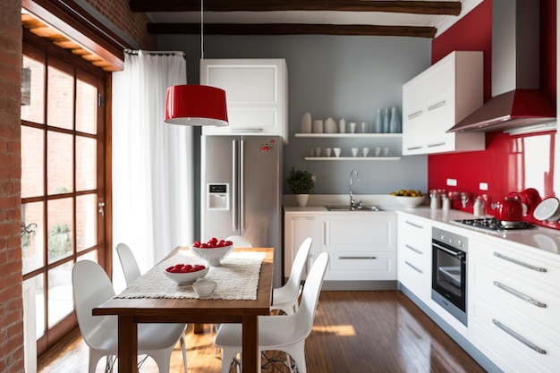 Cordoba Argentina cocina con muebles blancos y artefactos rojos para arquitectura y decoración