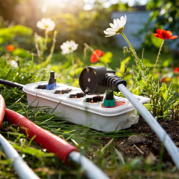 Cordón de extensión eléctrica y conexión de energía en el jardín