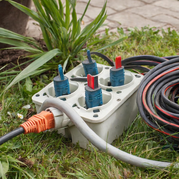 Cordón de extensión eléctrica y conexión de energía en el jardín