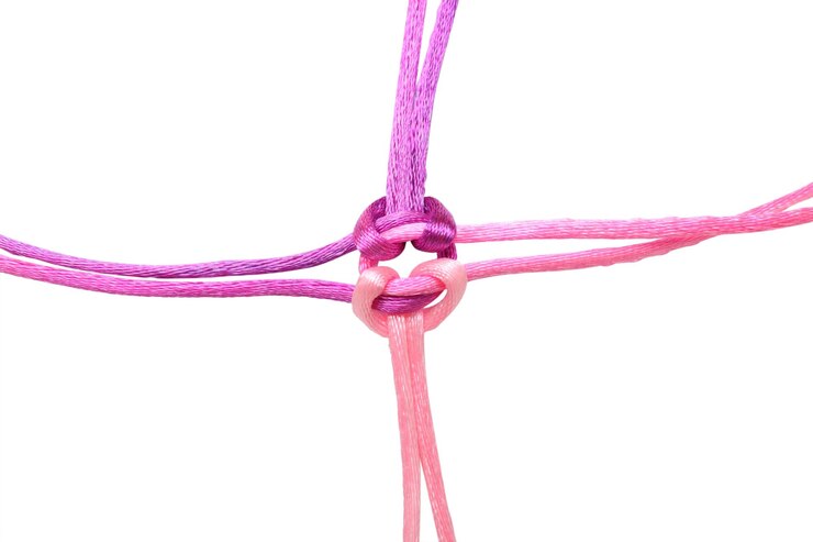 Foto los cordones trenzados multicolores divergen hacia los lados desde un gran nudo en el centro el concepto de cooperación creativa e intercambio aislado sobre fondo blanco.