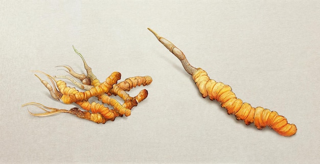 Foto cordyceps sinensis (hongos ascomicetos). ilustración botánica sobre papel blanco. la mejor medicina