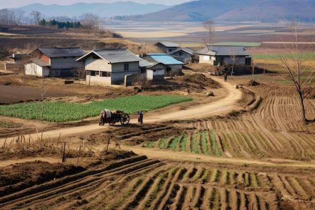 Corea del Norte 26 de marzo de 2008 pequeña aldea agrícola en el campo estéril entre Kaesong y Pyongyang