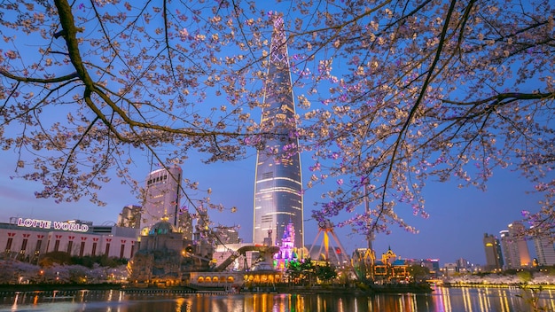 Foto coréia do sul na primavera à noite e arranha-céus seul coreia do sul