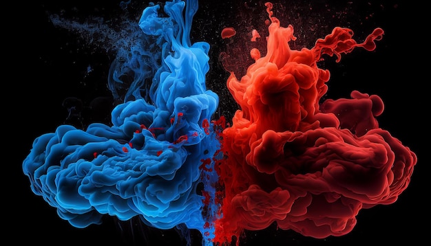 Cores acrílicas azuis e vermelhas em água Mancha de tinta Generative AI em um fundo preto abstrato