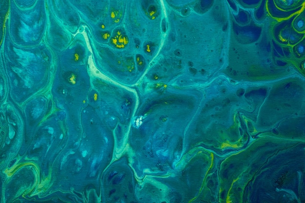 Cores azuis e verdes do fundo da arte fluida abstrata. Pintura acrílica líquida sobre tela com gradiente e respingo turquesa e ciano. Pano de fundo aquarela com padrão de ondas.
