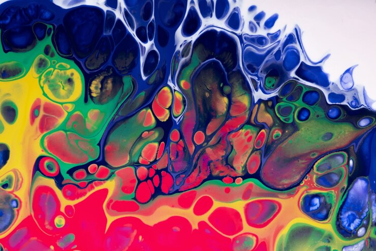 Foto cores azuis e vermelhas do fundo abstrato da arte fluida ou líquida. pintura acrílica sobre tela. pano de fundo aquarela com padrão de ondas.