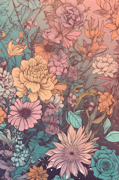 Cores bonitas e claras de fundo floral, tendência na arte generativa AI