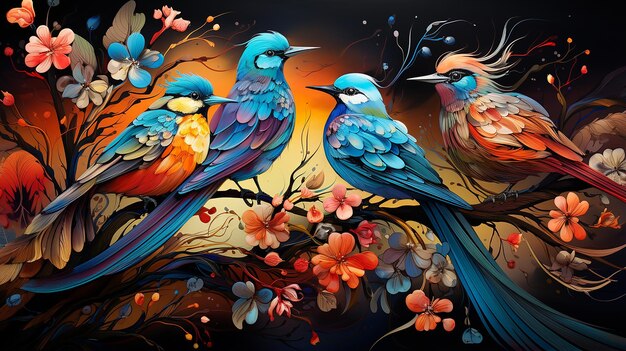 Cores brilhantes Arte Doodle Sweet Songbirds