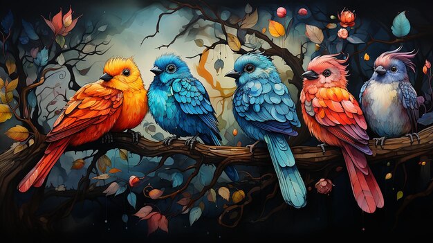 Cores brilhantes Arte Doodle Sweet Songbirds