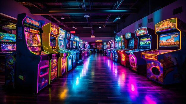 Foto cores de néon caleidoscópicas de um movimentado centro de jogos de arcade