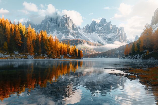 Cores de outono no lago de Antorno vislumbres mágicos das Dolomitas Três picos de Lavaredo