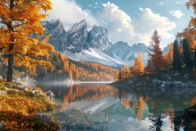 Foto cores de outono no lago de antorno vislumbres mágicos das dolomitas três picos de lavaredo