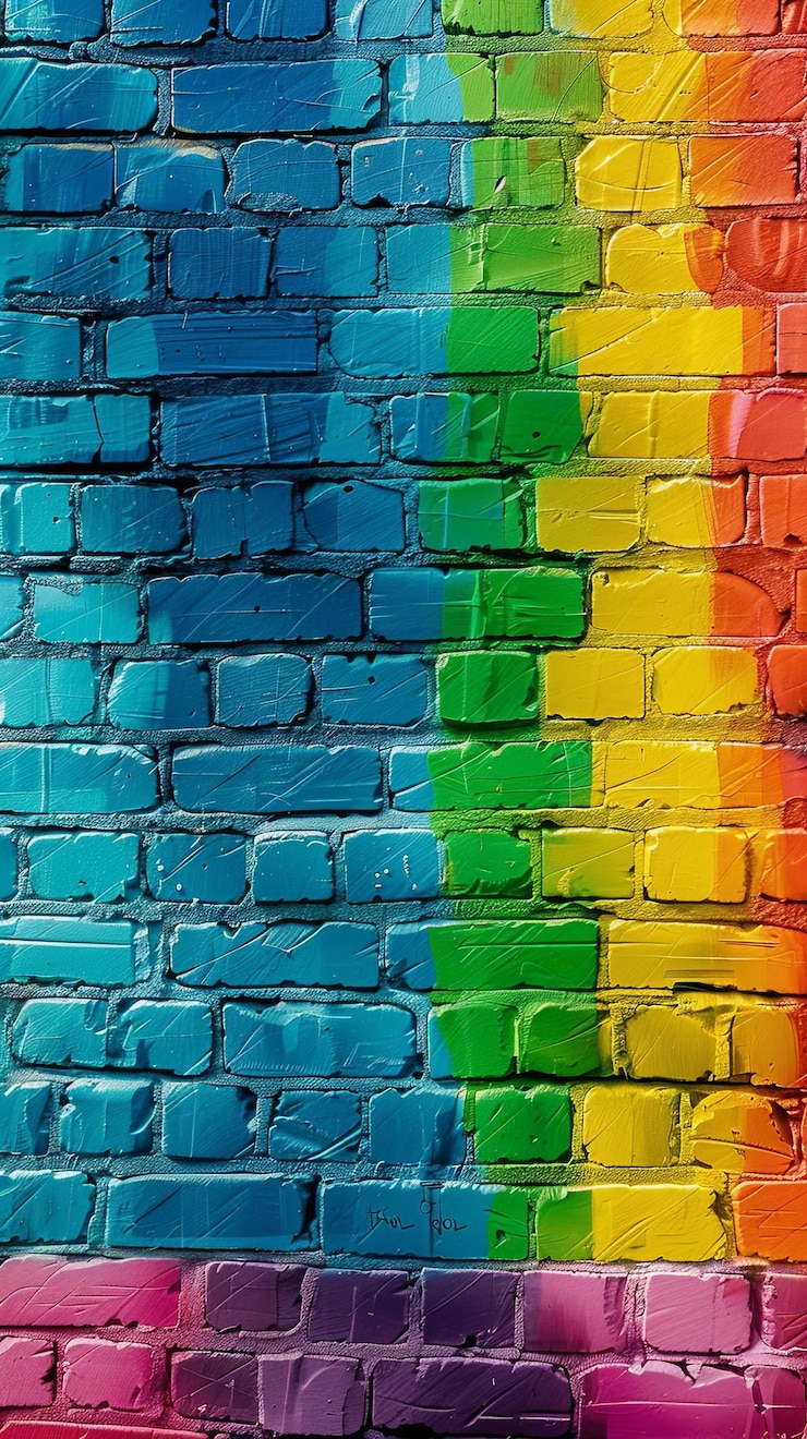Foto cores do arco-íris em paredes de tijolos texturizadas