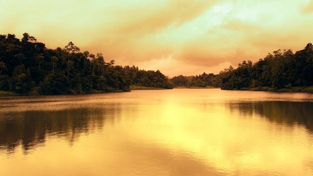 Cores douradas do pôr do sol na fotografia da paisagem do reservatório de Hiyare