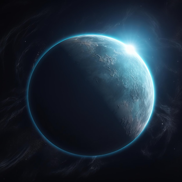 Cores frias Planeta realista no espaço Imagem de ilustração bonita IA generativa