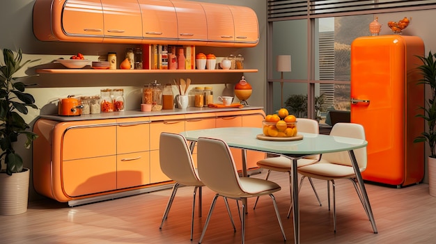 Cores laranja no interior de uma cozinha retrô no estilo do projeto de design dos anos 60 para uma casa de campo