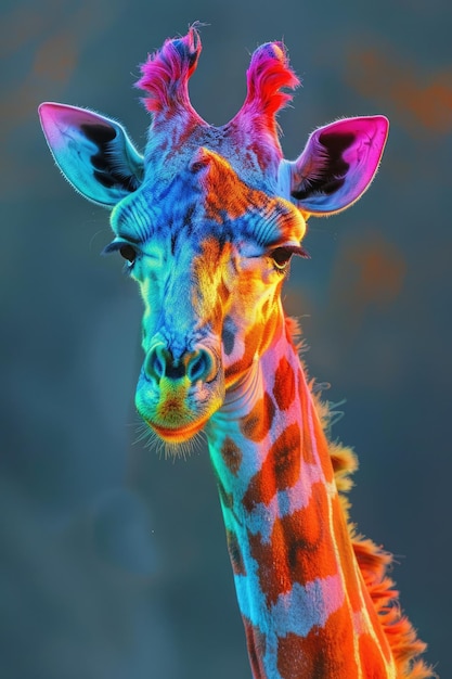 Cores loucas da vida selvagem africana Girafa solitária colorida de marrom claro com manchas brancas