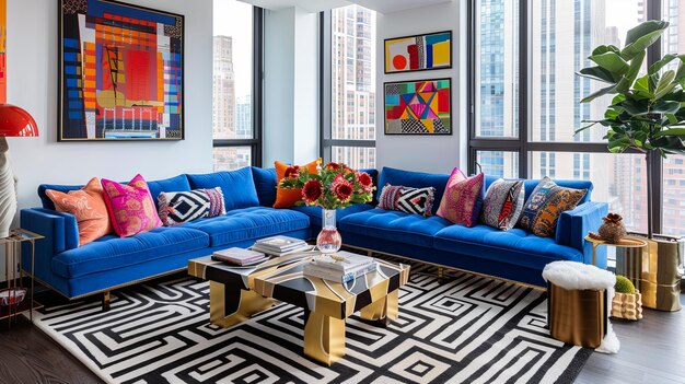 Cores ousadas e padrões gráficos criam uma sala de estar contemporânea com um ponto focal impressionante Vibra