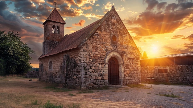 Cores quentes do pôr-do-sol na fachada de pedra da igreja com o pôr- do-sol em fundo