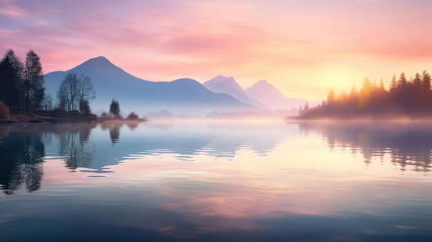 Cores suaves do amanhecer refletidas nas águas tranquilas à beira do lago, perto das montanhas