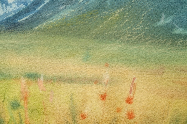 Cores verdes e amarelas claras do fundo da arte abstrata. pintura em aquarela sobre tela com gradiente suave de oliva. fragmento de arte em papel com padrão de campo. pano de fundo de textura.